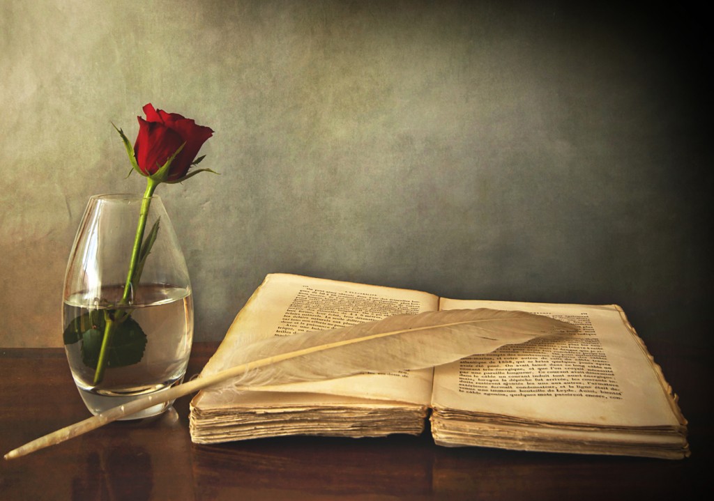 open old book, a rose in a vase and a feather